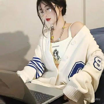 P3-【免費參觀】 中長款針織毛衣 秋冬衣服 毛衣女 毛衣外套年秋新款寬鬆慵懶風時尚學院風撞色字母刺繡針織開衫 6HUK