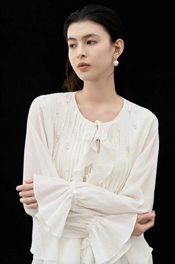 法式極簡 肌理棉手工釘珠襯衫 荷葉邊襯衣