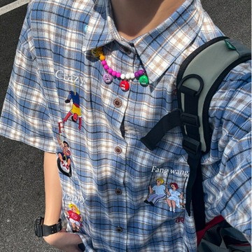 溫立美式復古人物刺繡襯衫春秋男女短袖上衣情侶裝半袖衫情侶款鑫弘-衣錦男裝