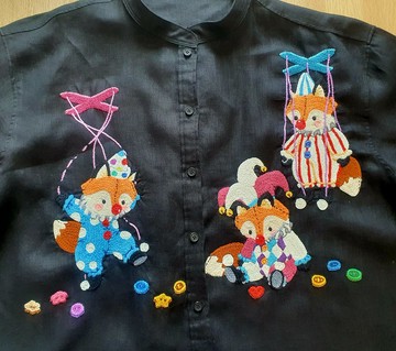 襯衫，手工刺繡，可愛圖案，亞麻，狐狸，小丑。