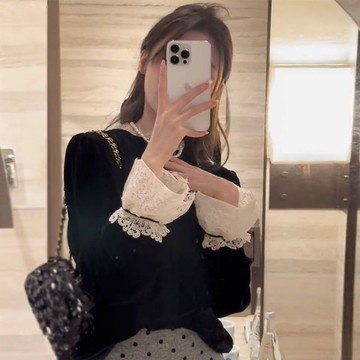 [PING'S🌞]法式蕾絲 新款 拼接絲絨 黑色襯衫 秋冬設計高級 洋氣長袖時尚 打底上衣
