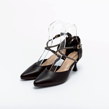 【Avivi】閃亮鑽繞踝細跟尖頭鞋 - 黑色、米色