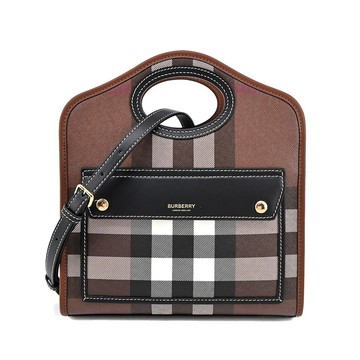 [平輸版]BURBERRY Horseferry 經典格紋帆布Pocket手提/斜背包(迷你/暗樺木棕色) 真品平輸