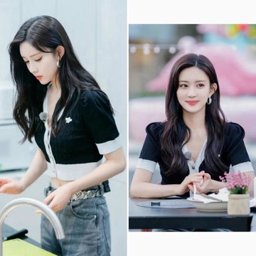 孟子義鞠婧祎同款撞色V領泡泡袖針織衫女夏季短款修身短袖上衣潮