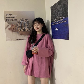 韓版慵懶寬鬆開叉素色長袖上衣【W185】