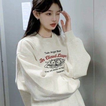 【 𝑭𝒍𝒐𝒘𝒆𝒓𝒔𝒆𝒂】鹽系 復古 學院風 刷毛大學T 美式大學T 卡通小熊印花 圓領衛衣 高磅數 長袖上衣