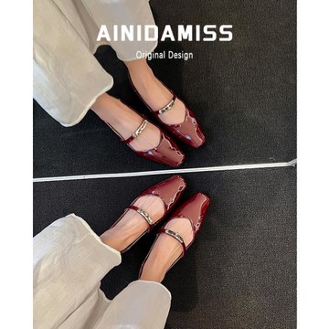 羊皮版~氣質方頭淺口平底單鞋女小香風配裙子軟底瑪麗珍女鞋春秋