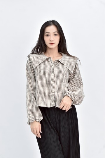 (M) zara 棕色水手領口長袖格紋襯衫上衣
