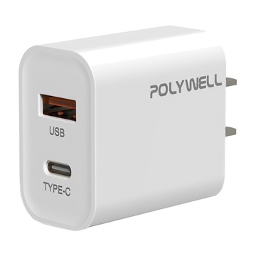 POLYWELL 寶利威爾 雙孔PD充電頭 20W Type-A + Type-C  白色  1個