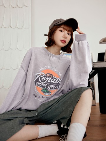 純棉復古水洗配色印花寬鬆大學T