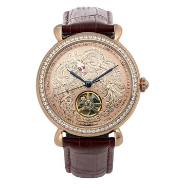 Manlike曼莉萊克天然紅寶石龍行天下限量晶鑽腕錶(玫殻/咖帶)