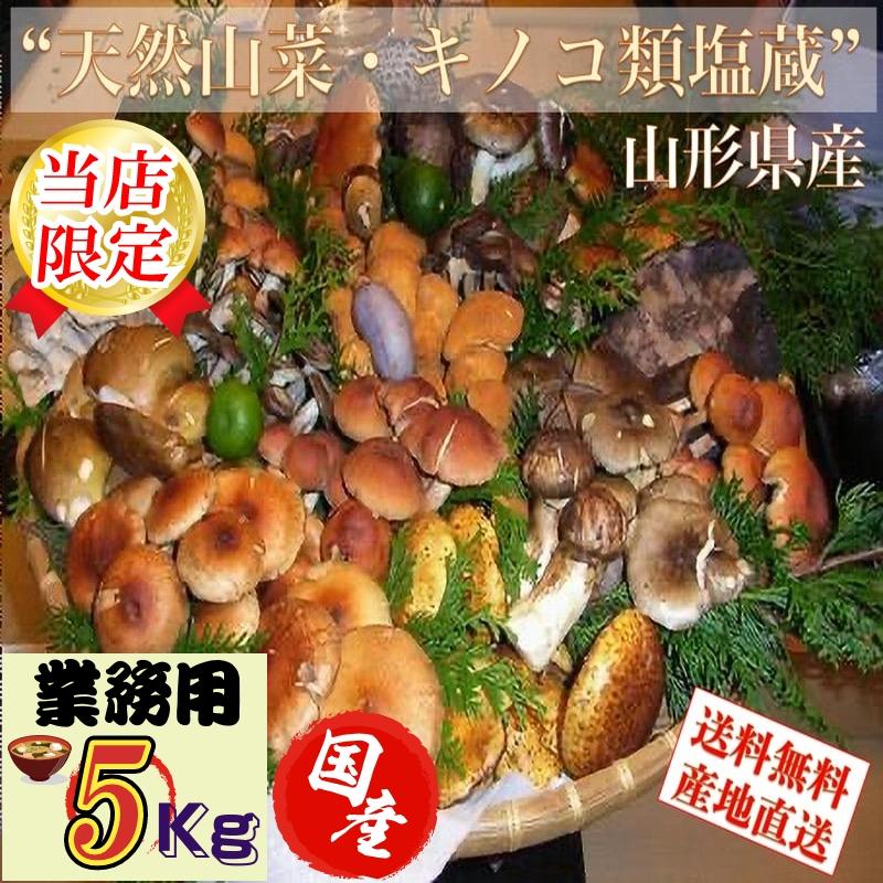 きのこ 予約販売　天然山菜 山形県産天然キノコ 混ざり塩蔵５Kg 自然の恵み 送料無料