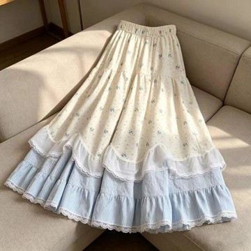 古早日雜半身裙女法式甜美ins風蕾絲拼接碎花鬆緊腰荷葉邊A字長裙