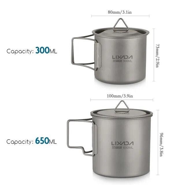 Lixada-超軽量チタンカップ,屋外ピクニック用,折りたたみハンドル付き,300ml 350ml 420ml 550ml 650ml 750ml