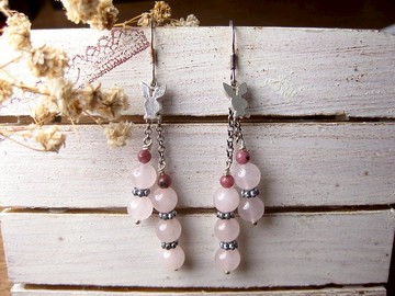 純銀設計耳環 玫瑰石+粉水晶+925銀(耳勾)/活潑可愛/