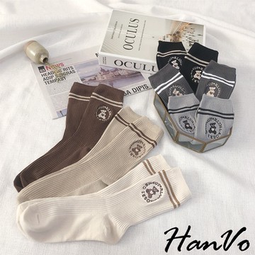 【HanVo】雙線條熊寶貝刺繡中筒襪 韓國潮流時尚休閒襪 韓系簡約百搭舒適棉質襪 女生配件 A12-6099