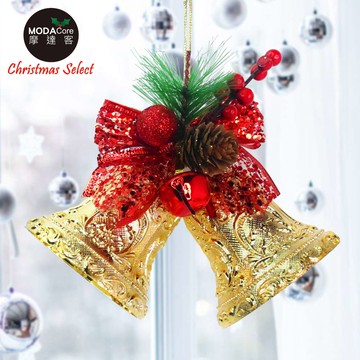 【預購】摩達客-聖誕3吋裝飾金色雙花鐘吊飾（紅金系）（下單後5個工作日出貨）_廠商直送