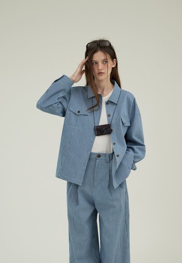 北歐冷色調 復古豎條紋色織牛仔外套