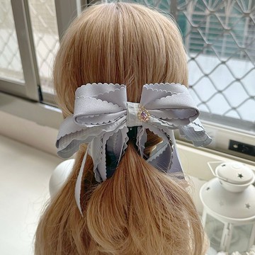 獨家花邊格紋立體蝴蝶結相交夾香蕉夾仙女夾髮夾-淺灰色