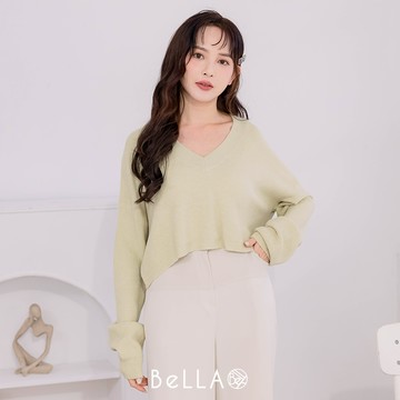 【買2送1】BeLLA 短版V領厚毛衣 草原綠