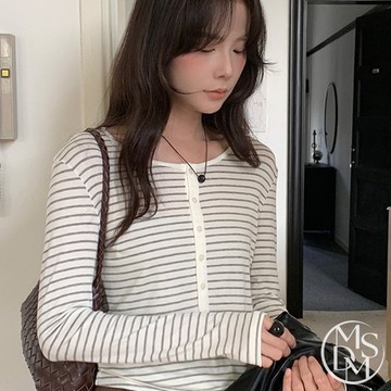 【MDMS】2025天絲棉羊毛 排釦圓領長袖上衣 (6colors) 基本款素面條紋T 打底百搭休閒內搭上衣 W121