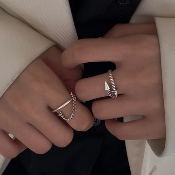 925純銀鏈條戒指女冷淡風螺旋箭頭食指戒復古個性可調節指環男潮