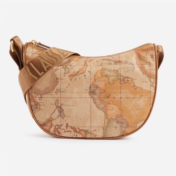 【Alviero Martini 義大利地圖包】PU尼龍水餃斜側背包27cm-地圖黃