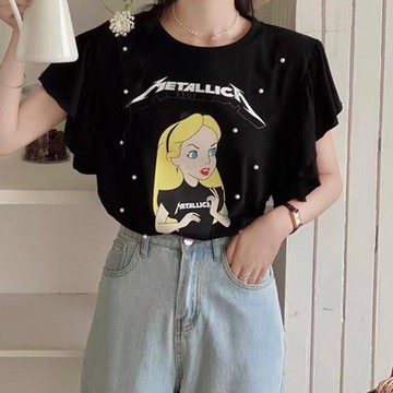 BBHONEY 韓版釘珠愛麗絲印花荷葉袖上衣