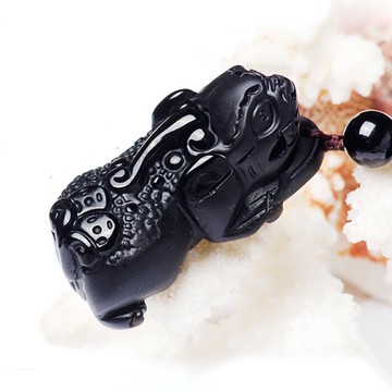 開光 天然黑曜石貔貅吊墜 精雕磨砂大號黑曜石一步登天貔貅項鏈