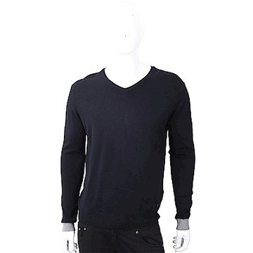 TRUSSARDI V領撞色細節皮革標夜藍色針織衫