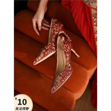 《秀金紅》KAKA秀禾服鞋紅色婚鞋新娘鞋女不累腳中式漢服大碼高跟