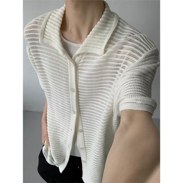 權一夏季慵懶鏤空翻領短袖襯衫男韓版高級感重磅針織半袖襯衣小眾