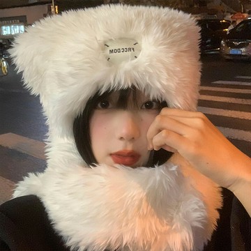 白色毛絨帽子圍巾一體女冬季保暖加厚加絨學生騎車保暖防寒圍脖潮 雙11全館免運