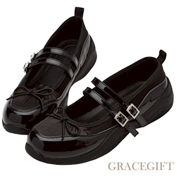【Grace Gift】緞光蝴蝶結2WAY雙帶瑪莉珍芭蕾舞運動鞋 黑