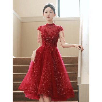 敬酒服新娘2025新款酒紅色晚禮服裙高端輕奢小眾訂婚高級感主持人