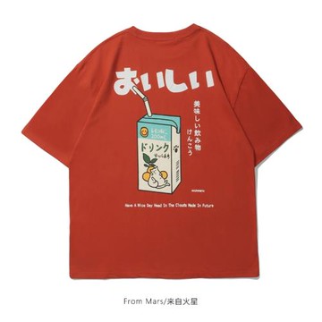 From Mars 夏日橙汁汽水 ins日系復古印花短袖T恤男潮寬松情侶tee