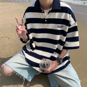港風復古條紋polo衫男生短袖夏季潮牌潮流重磅襯衫翻領T恤學院風