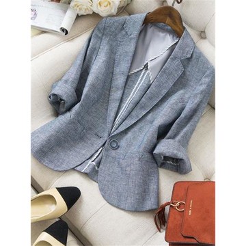 正裝藍灰色修身小西服春夏薄款上衣舒適透氣女裝棉麻職業西裝外套