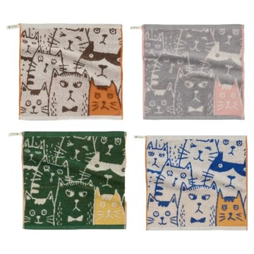 星紅織品 可愛胖胖貓雙面圖案純棉毛巾4件組 70g 柔軟吸水  1組  綠色 + 藍色 + 咖啡色 + 淺灰色