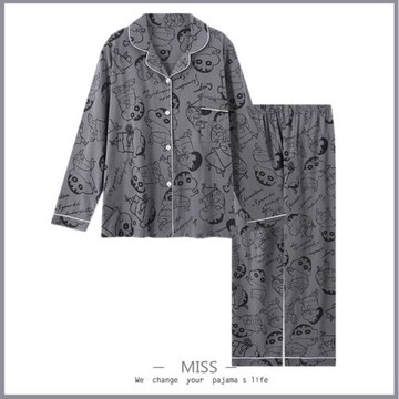 『蠟筆小新』日系情侶睡衣男春秋款大碼胖MM學生女ins風長袖套裝