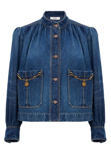 chloé denim high neck gathered jacket