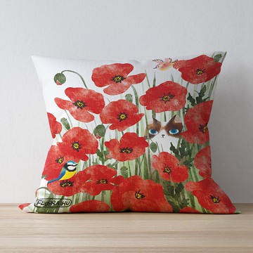 【Flora原創設計】罌粟花喵 | 38*38cm 附收納袋貓咪靠墊(含枕心)