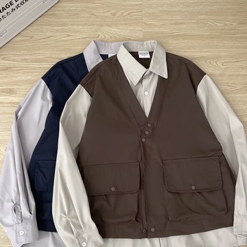 日系復古拼接假兩件襯衫男新款中性寬鬆休閒百搭外套襯衫男