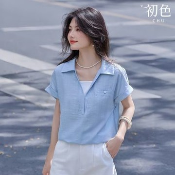 初色 純色短袖V領翻領短袖假兩件襯衫上衣女上衣-藍色-50426(M-2XL可選)