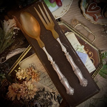 法國 Belle Époque 純銀柄 天然角質 路易十六復興風格 服務匙叉