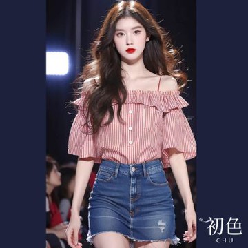 初色 細肩一字露肩荷葉邊條紋上衣短袖襯衫女上衣-紅色-34465(M-XL可選)