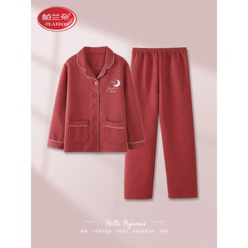 帕蘭朵空氣棉夾層睡衣女秋冬季加厚純棉長袖中年媽媽薄夾棉家居服