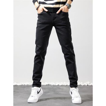 秋季工裝牛仔褲男修身直筒褲韓版潮流青年彈力男士休閑紅色長褲子