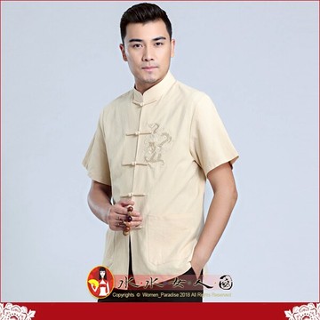 中國風男裝短袖唐裝上衣 優質純色復古刺繡亞麻中式男裝 中山裝漢服男青年時尚必備T恤-同色小龍(米)-水水女人國