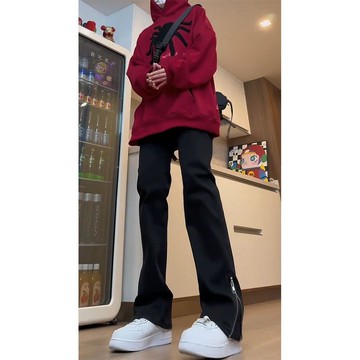 時尚潮流黑色美式高街vibe微喇褲男側拉鍊刷毛長褲男